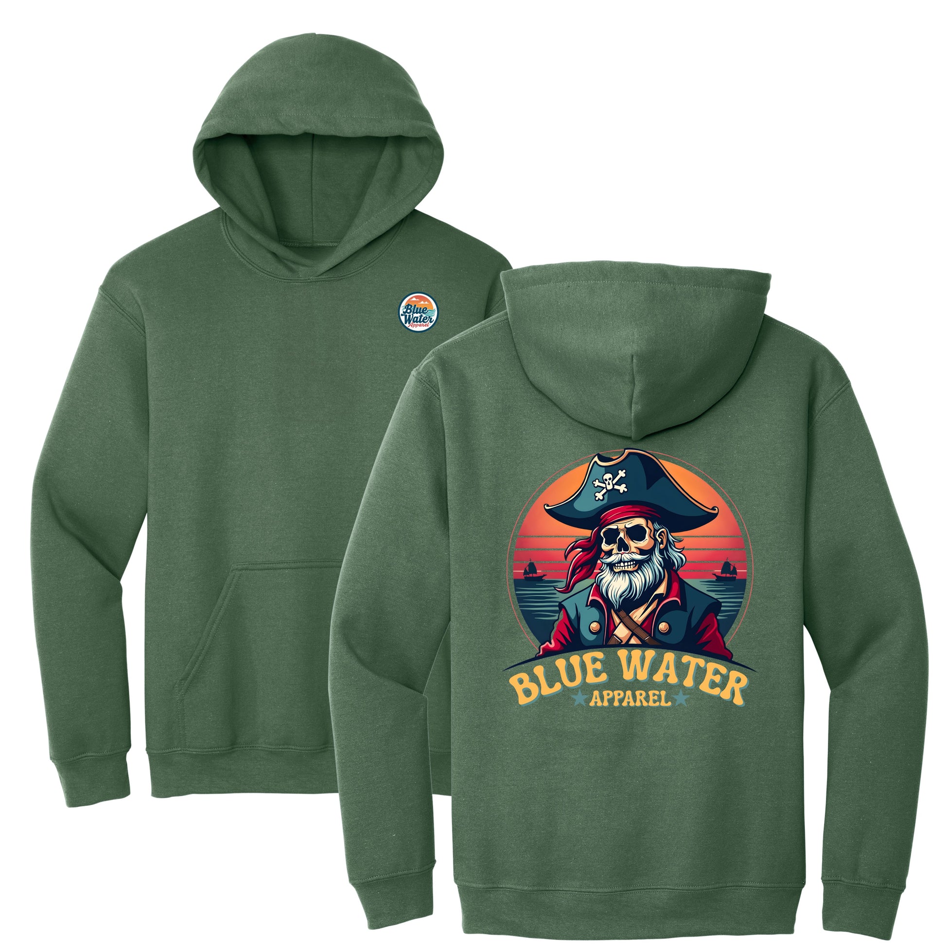 flat lay military green vintage pirate hoodie by blue water apparel