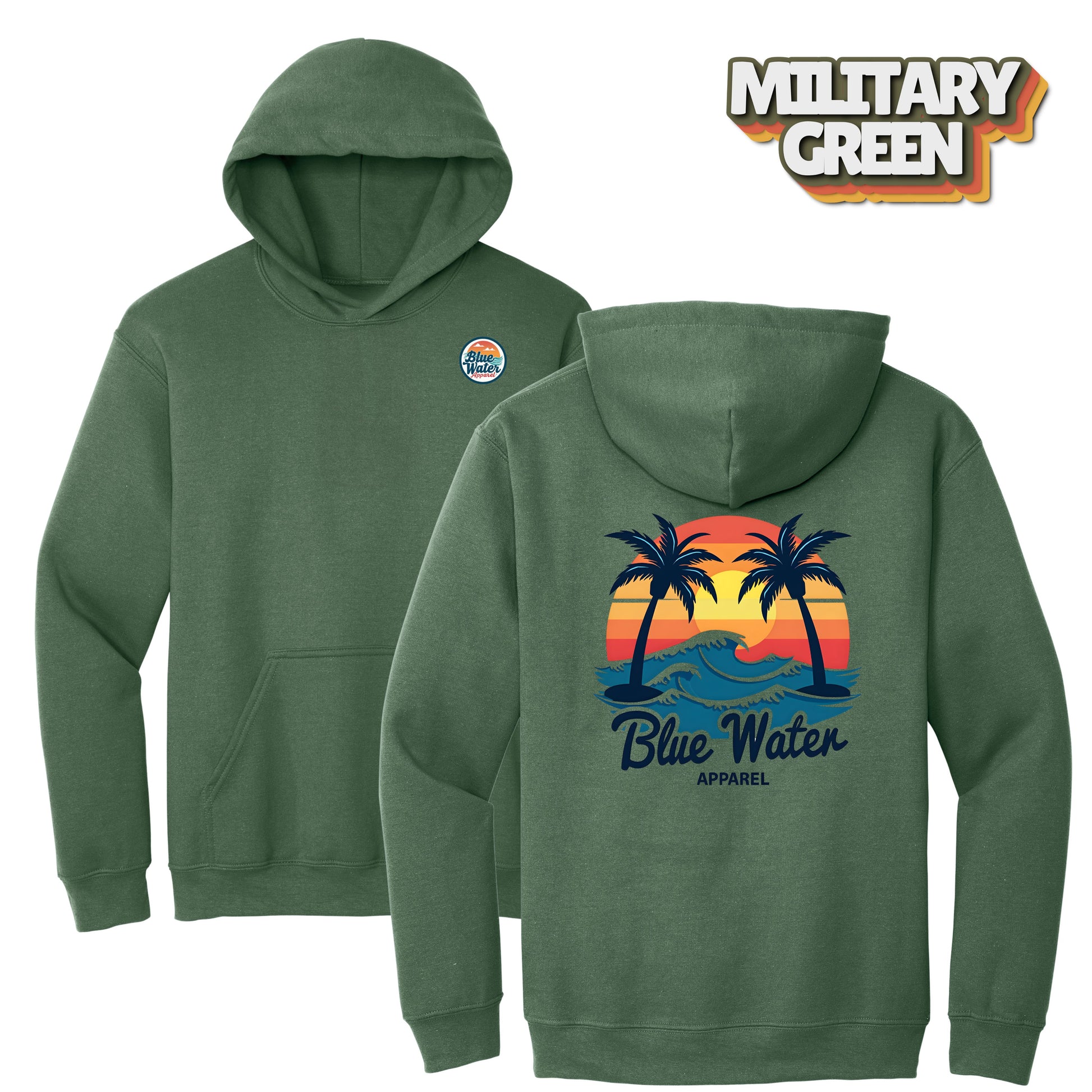 flat lay military green vintage sunset hoodie by blue water apparel