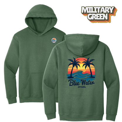 flat lay military green vintage sunset hoodie by blue water apparel
