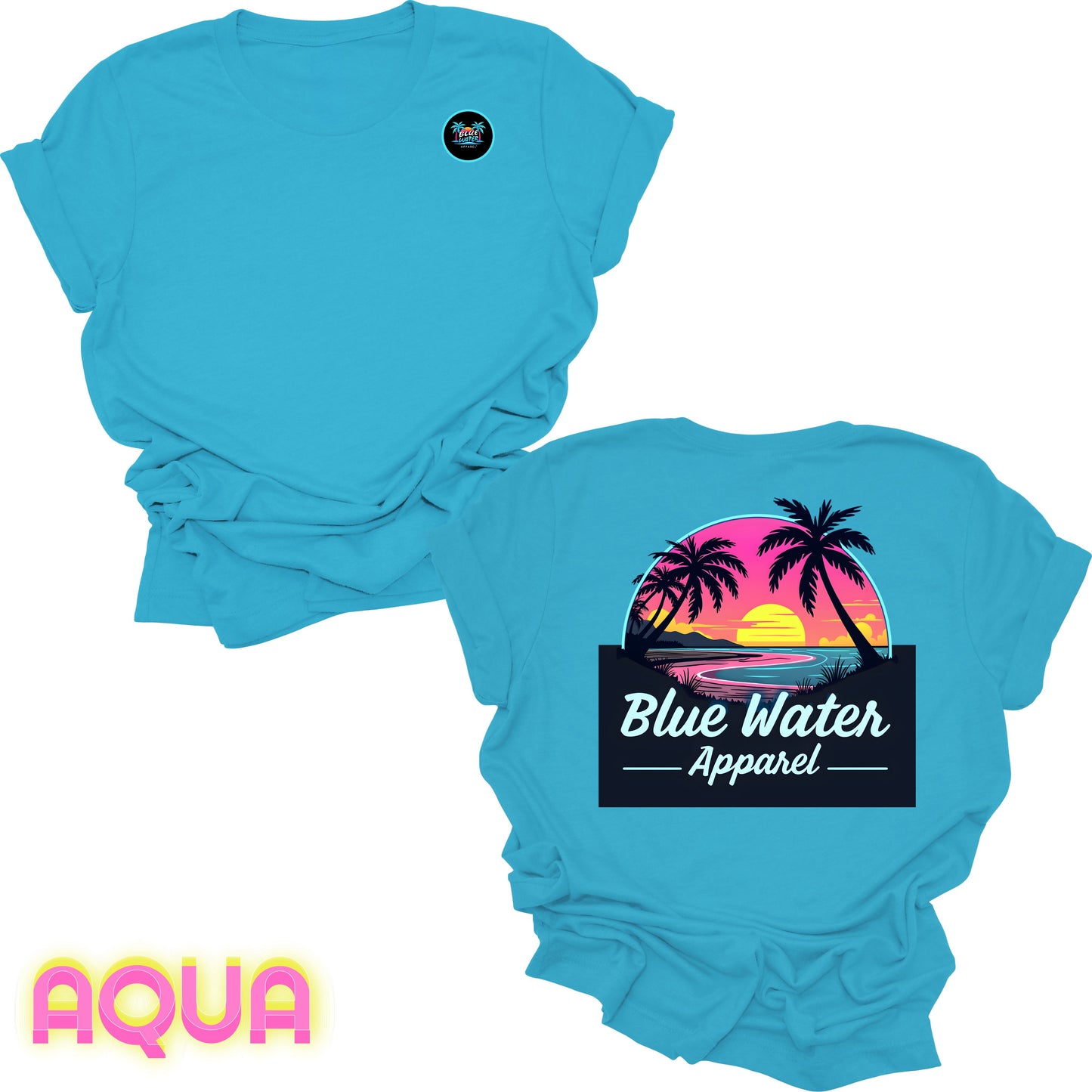 flat lay back graphic aqua neon sunset tee by blue water apparel