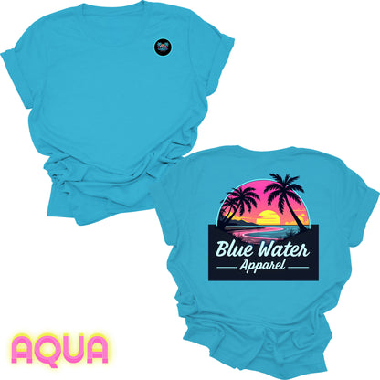 flat lay back graphic aqua neon sunset tee by blue water apparel
