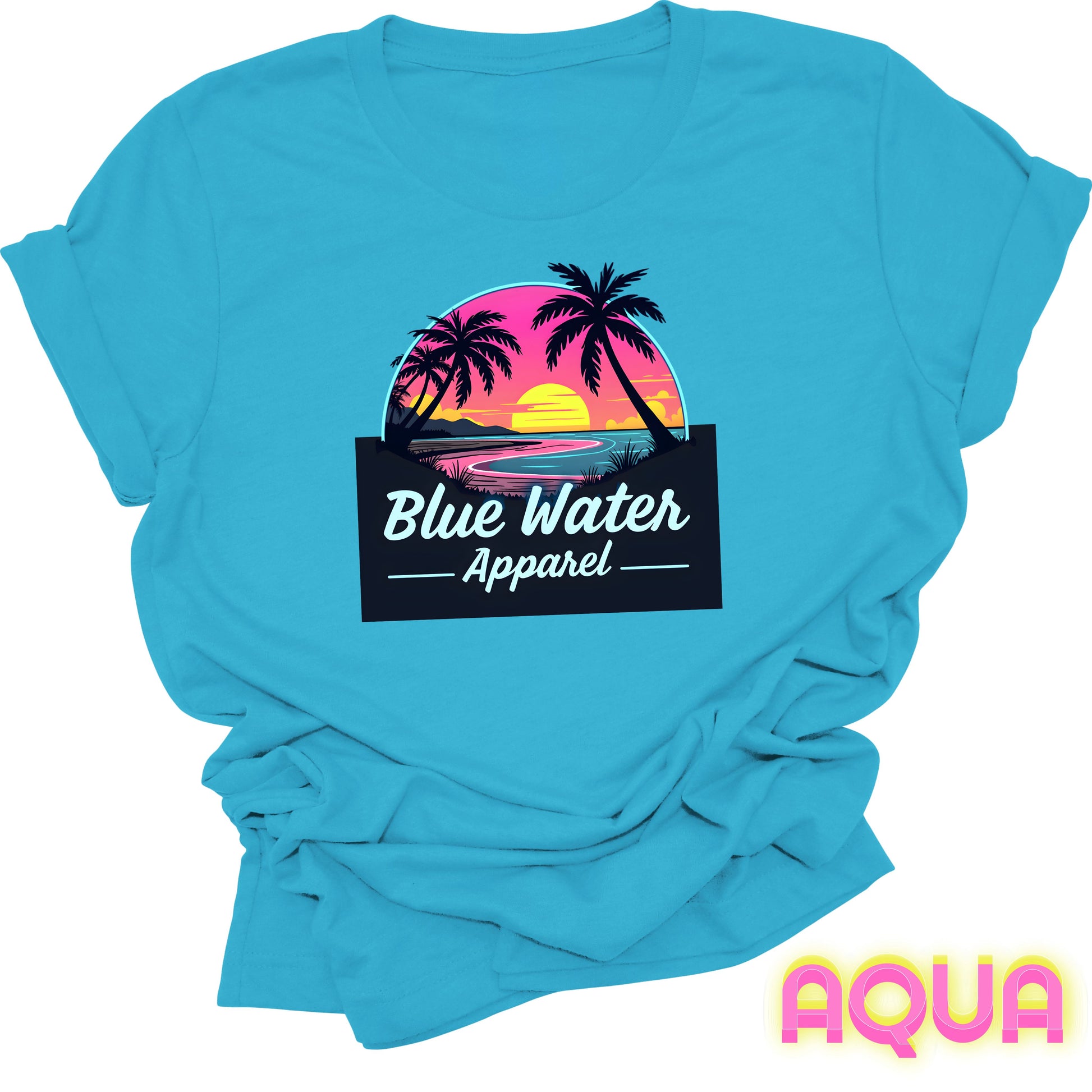 flat lay front graphic aqua neon sunset tee by blue water apparel