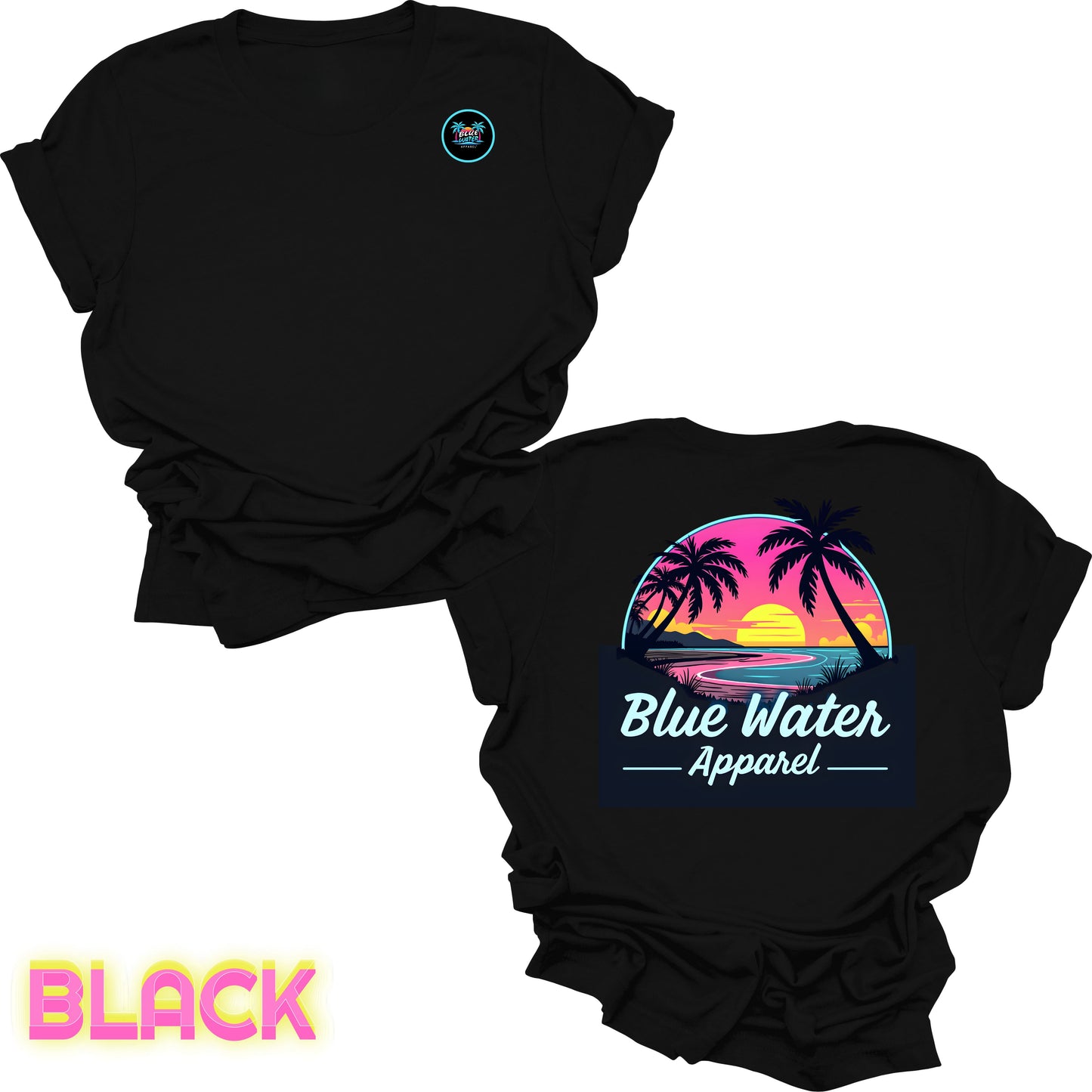 flat lay back graphic black neon sunset tee by blue water apparel