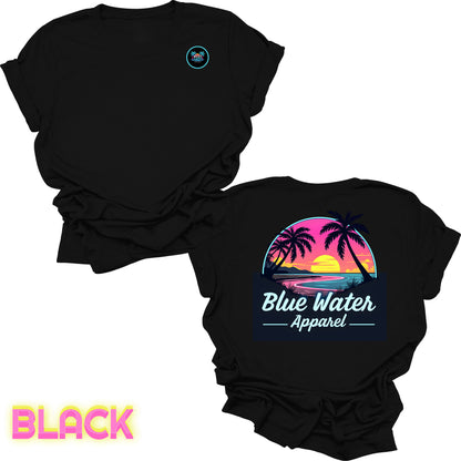 flat lay back graphic black neon sunset tee by blue water apparel