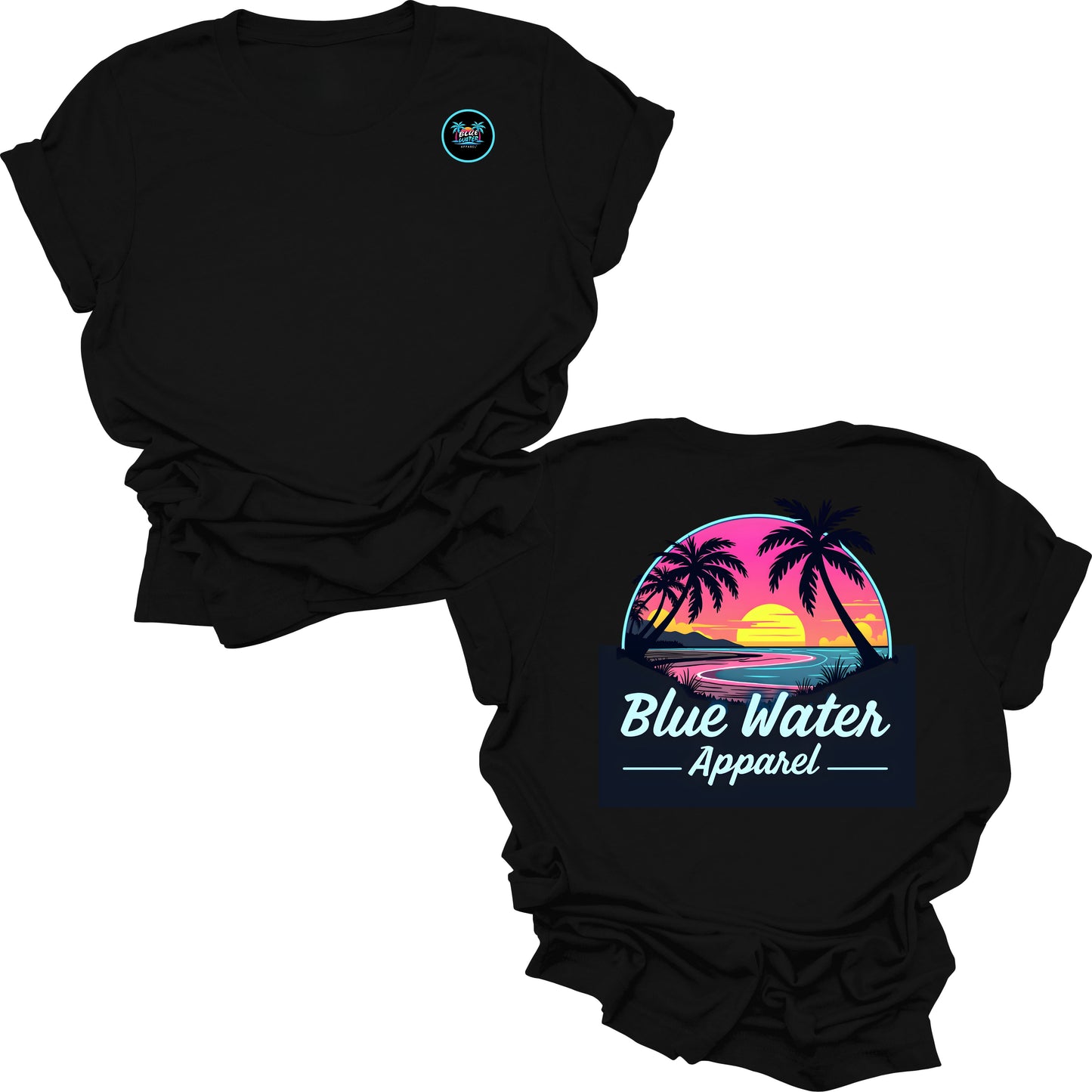 flat lay black neon sunset tee by blue water apparel