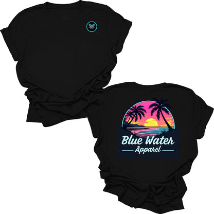 flat lay black neon sunset tee by blue water apparel