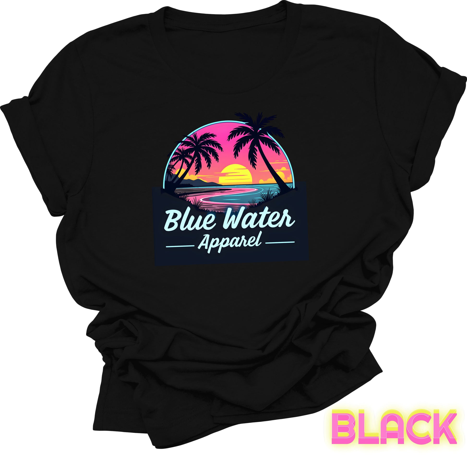 flat lay front graphic black neon sunset tee by blue water apparel