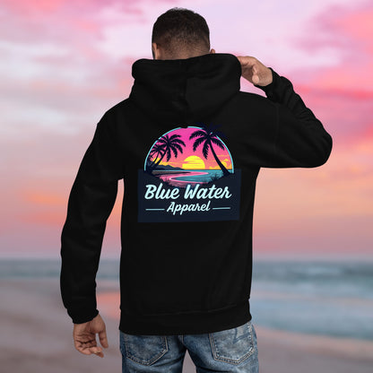 model on beach wearing black neon sunset hoodie by blue water apparel