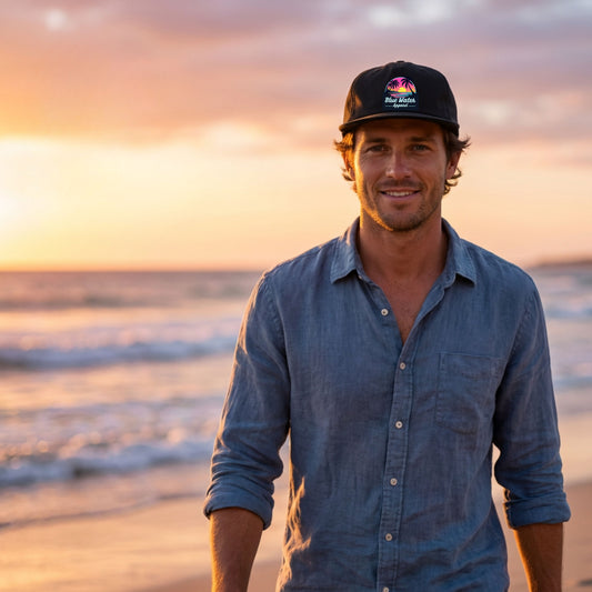 man wearing black neon sunset surf cap on beach by blue water apparel