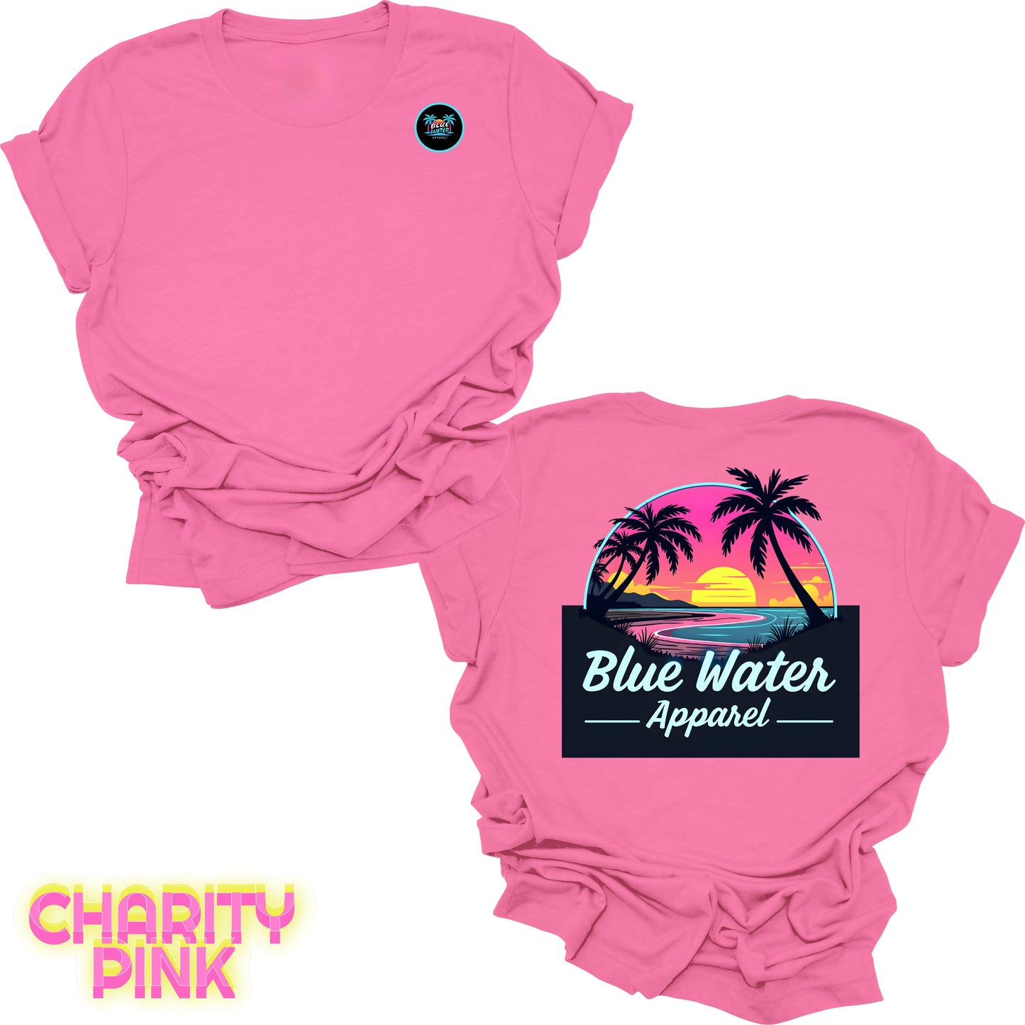flat lay back graphic charity pink neon sunset tee by blue water apparel