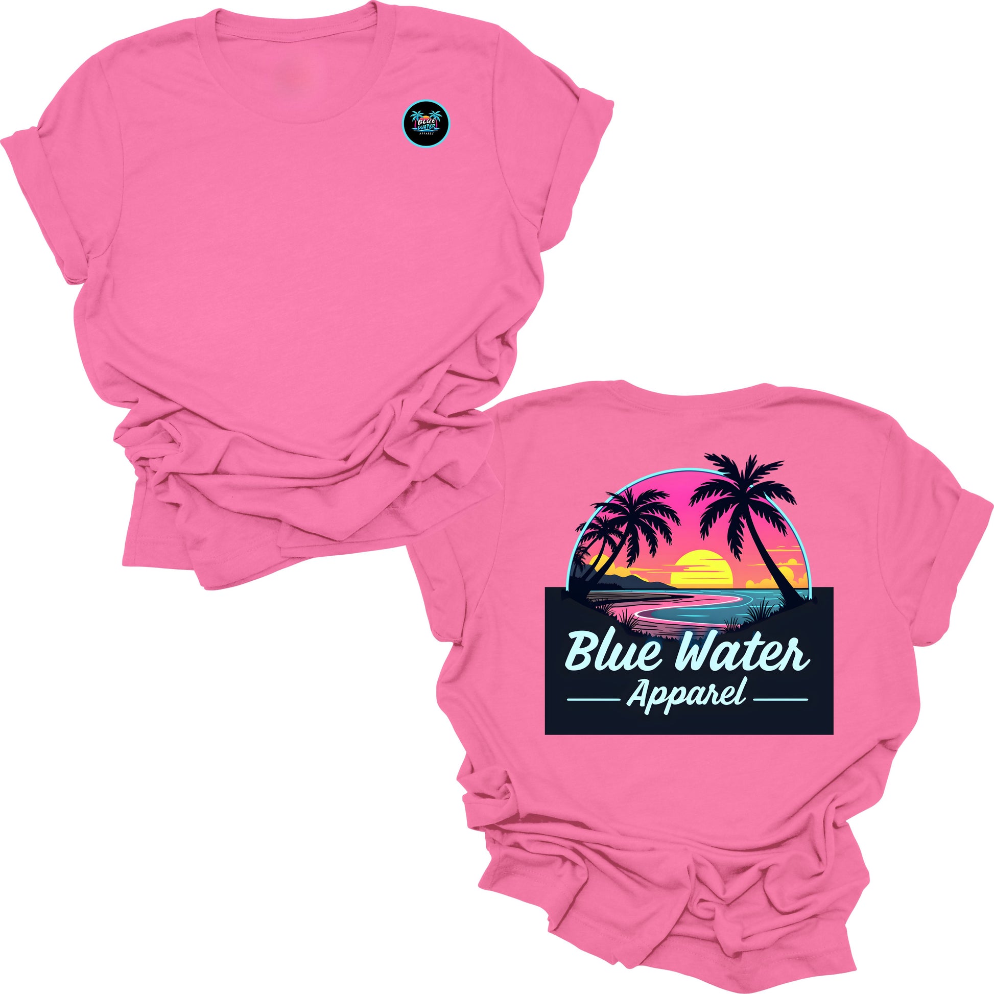 flat lay charity pink neon sunset tee by blue water apparel