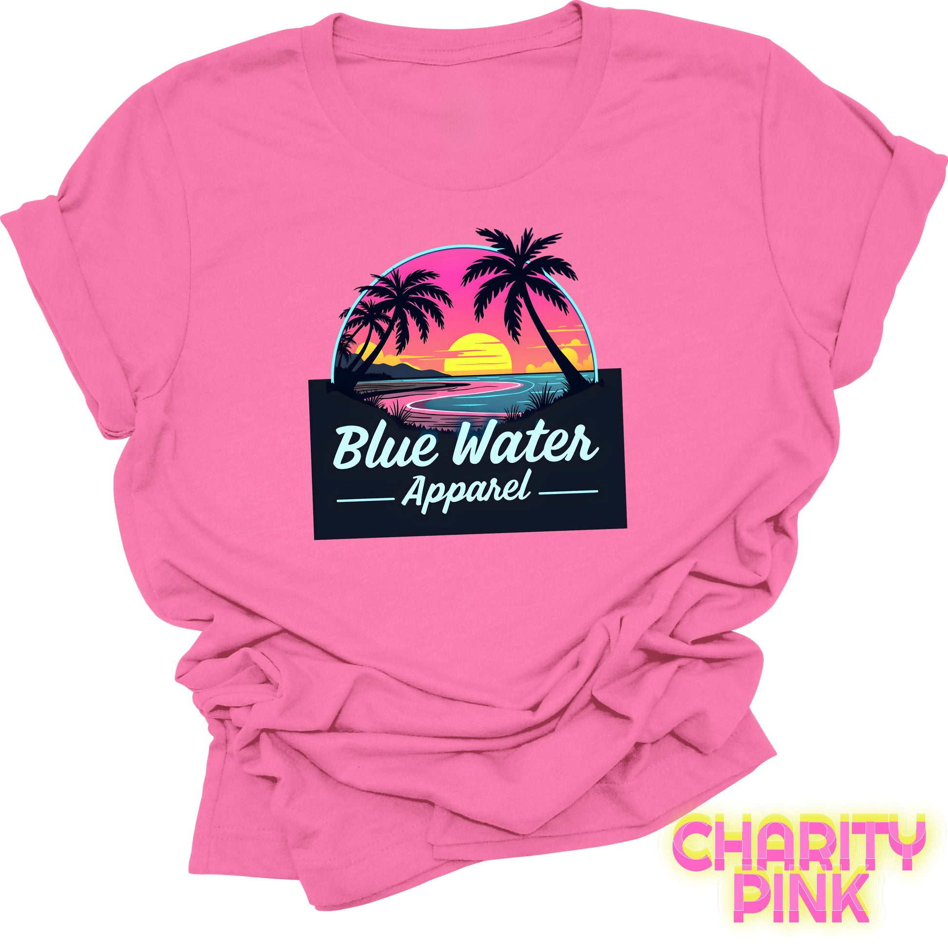 flat lay front graphic charity pink neon sunset tee by blue water apparel