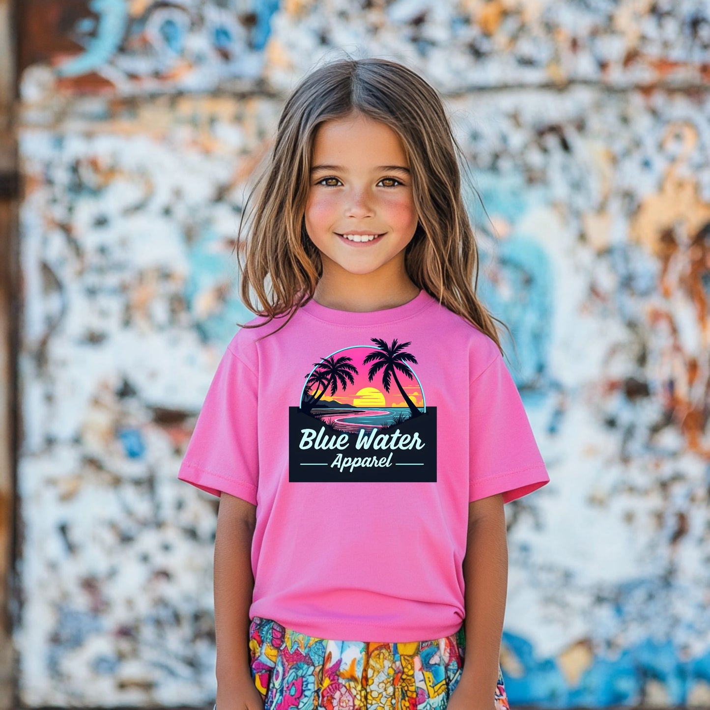 child model wearing azalea neon sunset kids tee against textured wall by blue water apparel