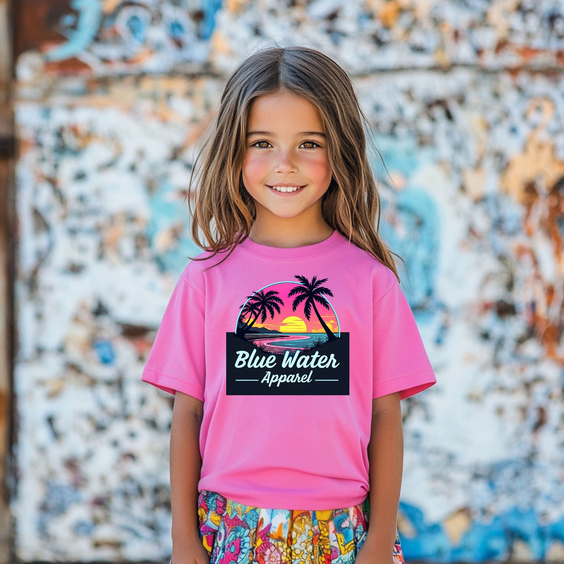 girl model wearing azalea neon sunset tee by blue water apparel
