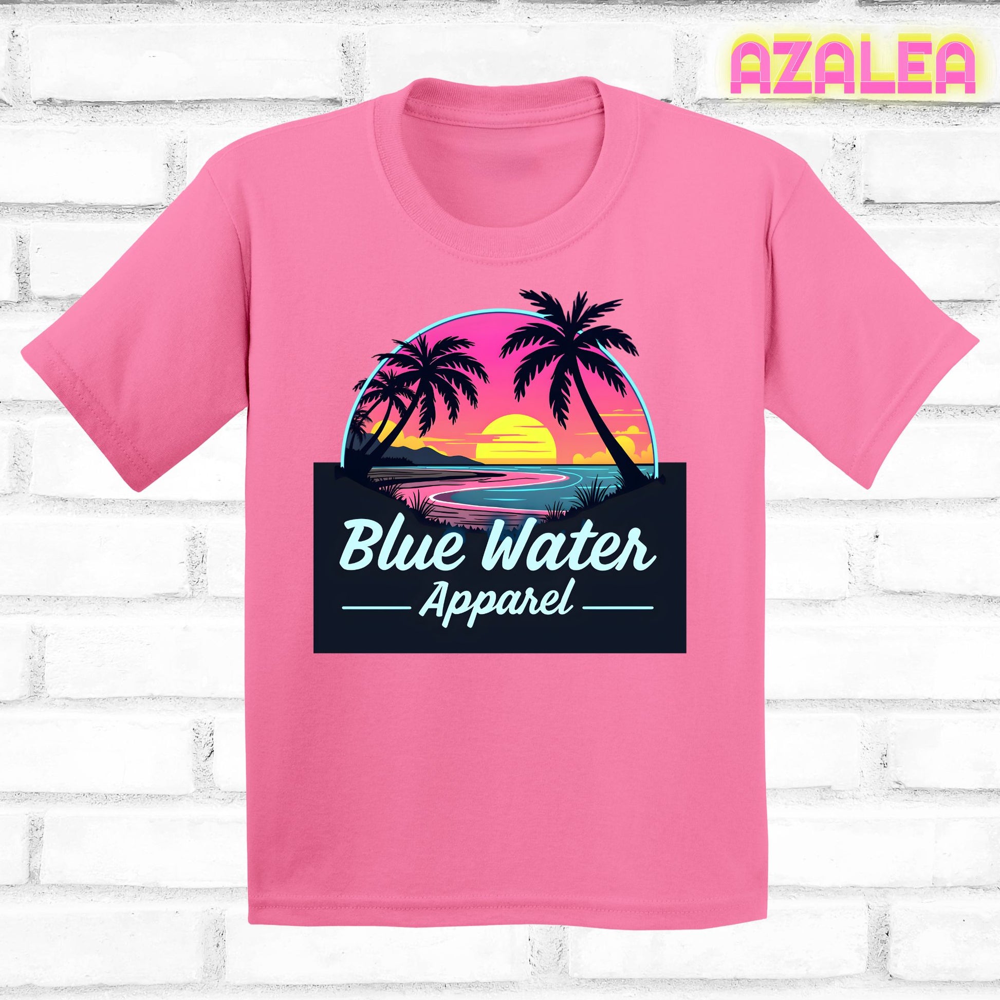 flat lay azalea neon sunset tee by blue water apparel
