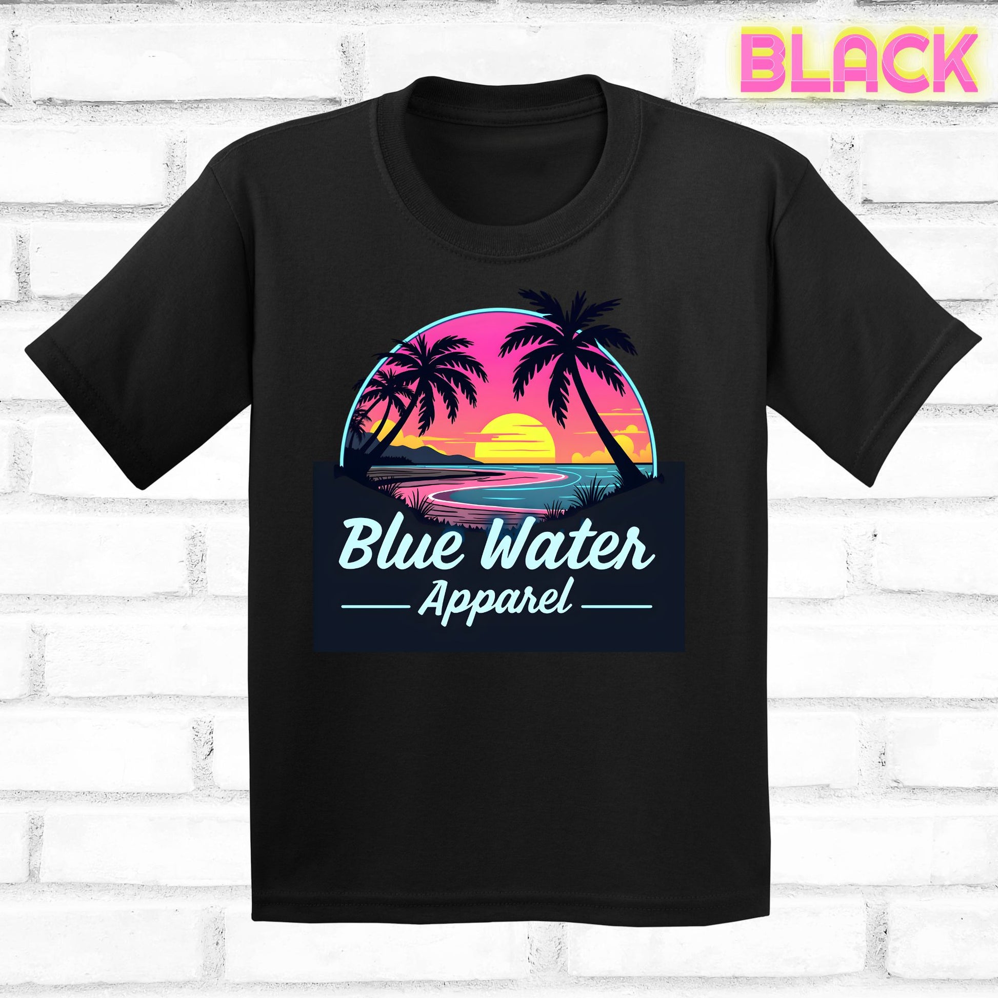 flat lay black neon sunset tee by blue water apparel