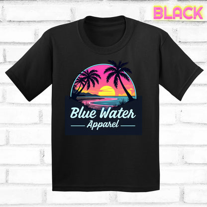 flat lay black neon sunset tee by blue water apparel