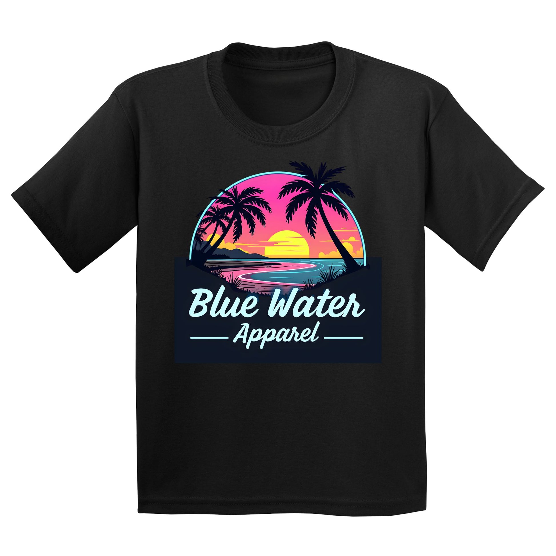 flat lay black neon sunset kids tee by blue water apparel