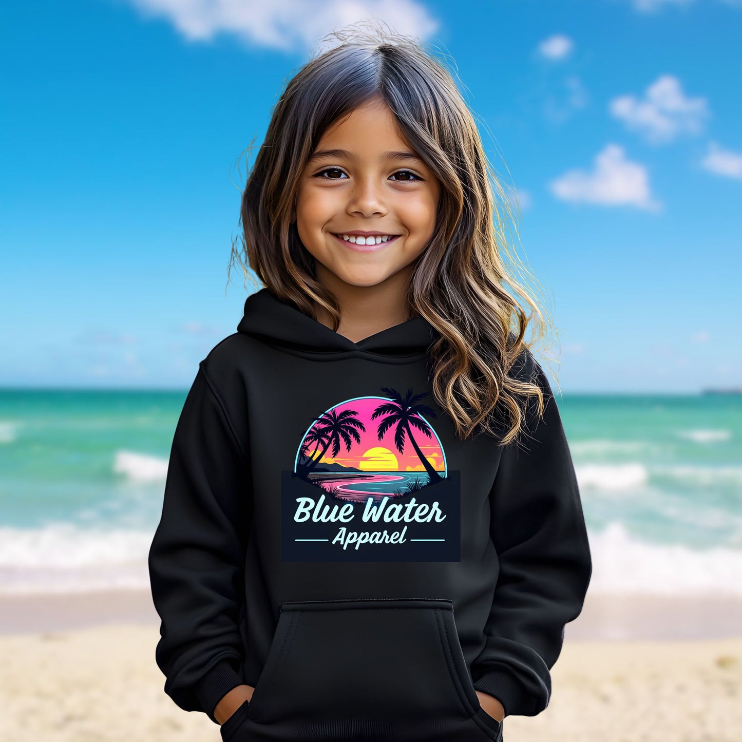 female model on beach wearing black neon sunset kids hoodie by blue water apparel