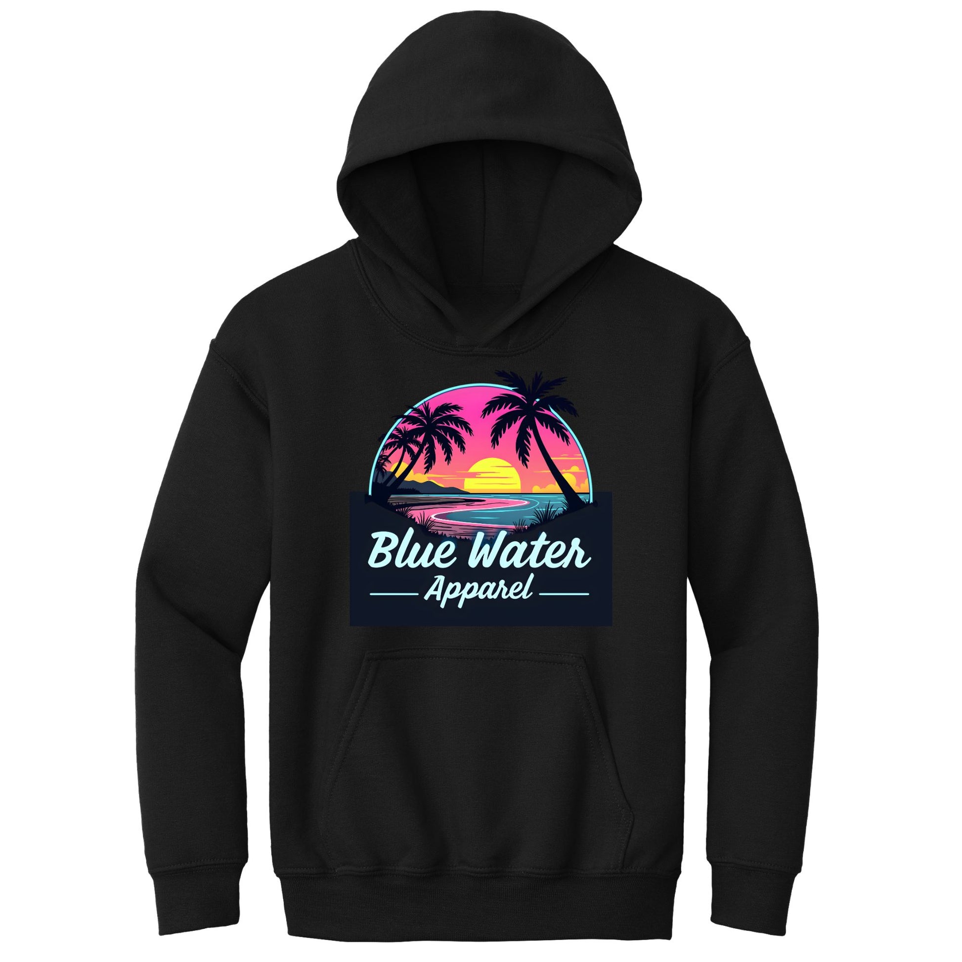 flat lay black neon sunset kids hoodie by blue water apparel