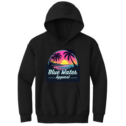 flat lay black neon sunset kids hoodie by blue water apparel