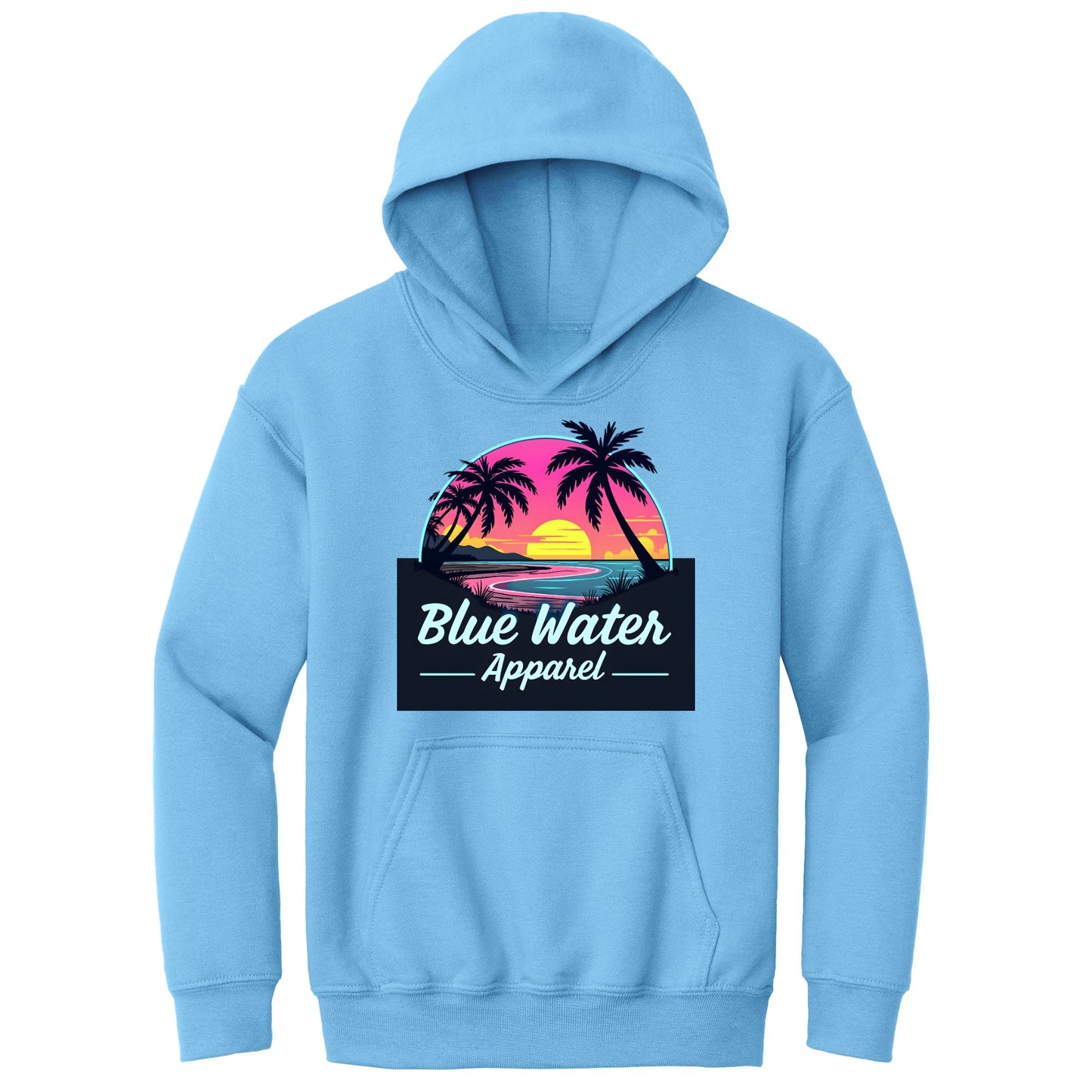 flat lay carolina blue neon sunset kids hoodie by blue water apparel