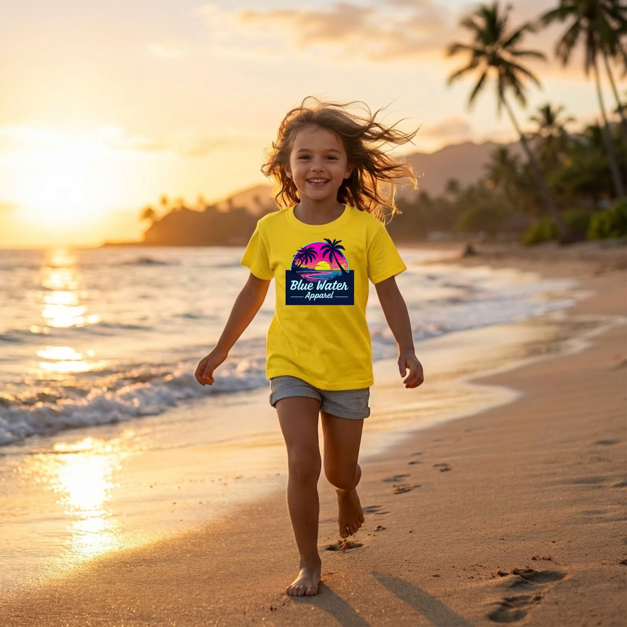 child wearing daisy neon sunset kids tee running down beach by blue water apparel.