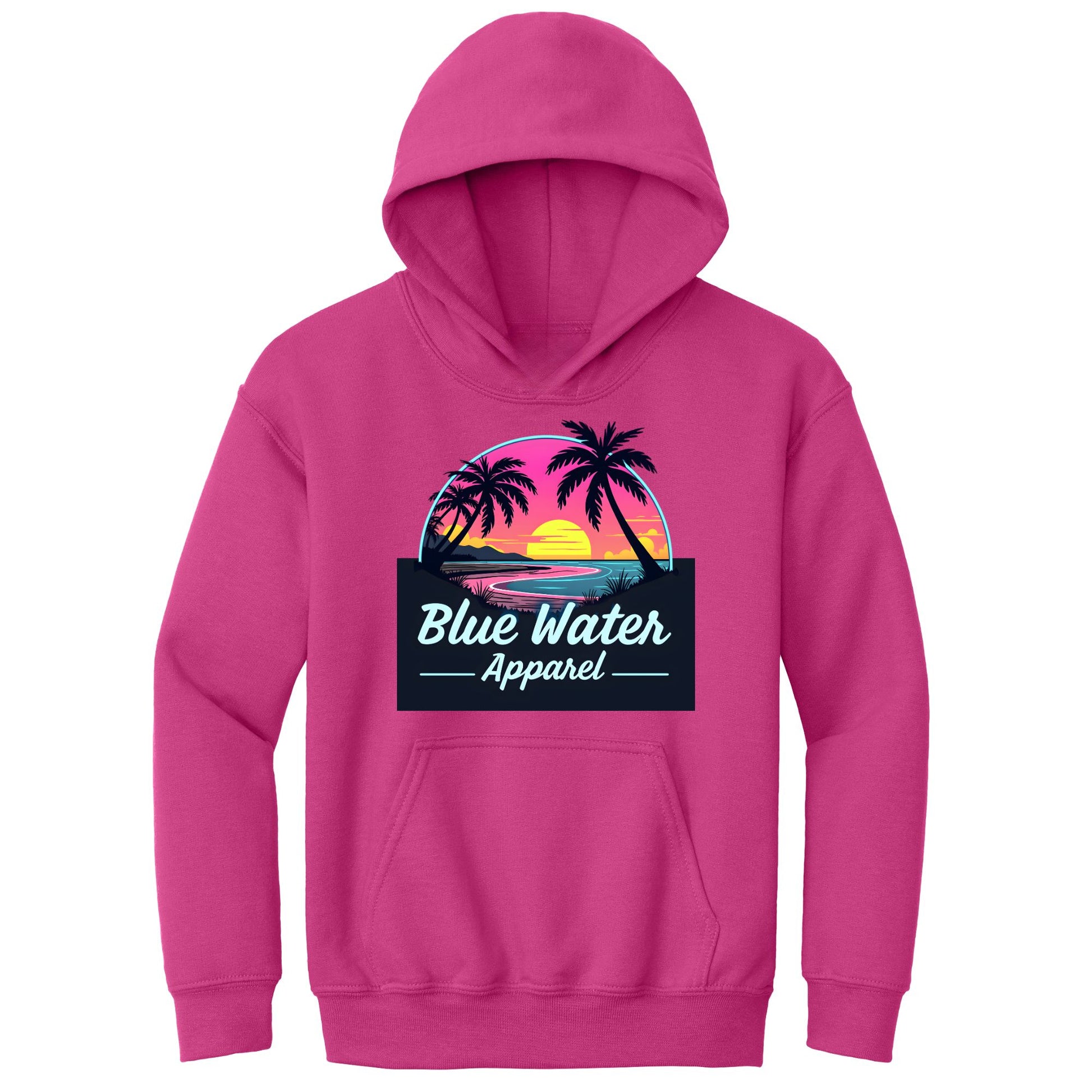 flat lay heliconia neon sunset kids hoodie by blue water apparel