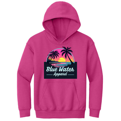 flat lay heliconia neon sunset kids hoodie by blue water apparel