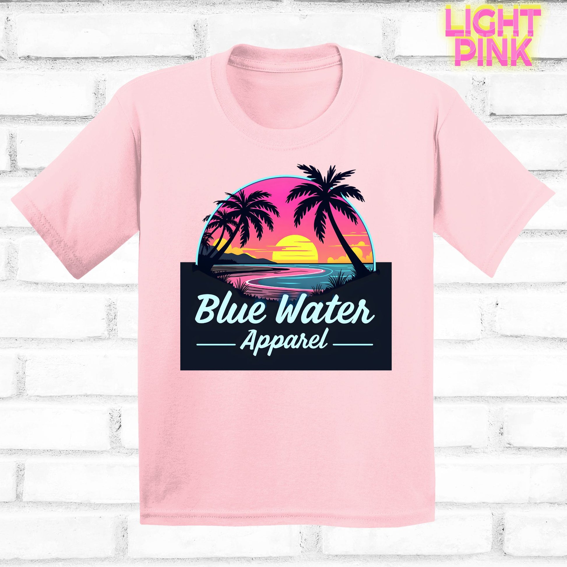 flat lay light pink neon sunset tee by blue water apparel