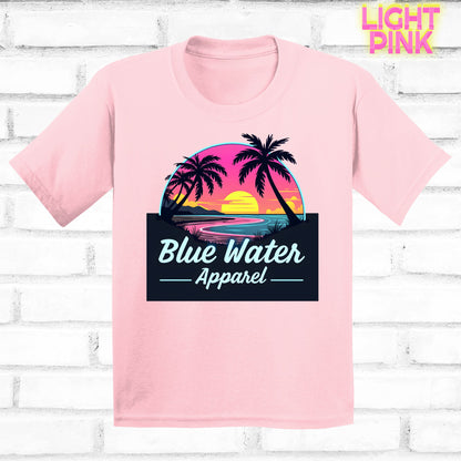 flat lay light pink neon sunset tee by blue water apparel