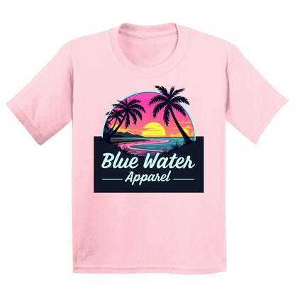 flat lay light pink neon sunset kids tee by blue water apparel