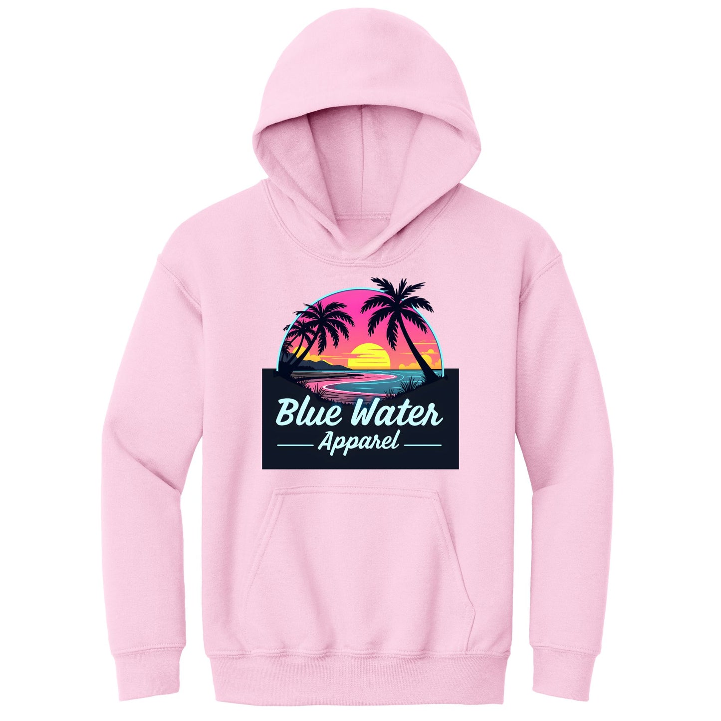 flat lay light pink neon sunset kids hoodie by blue water apparel
