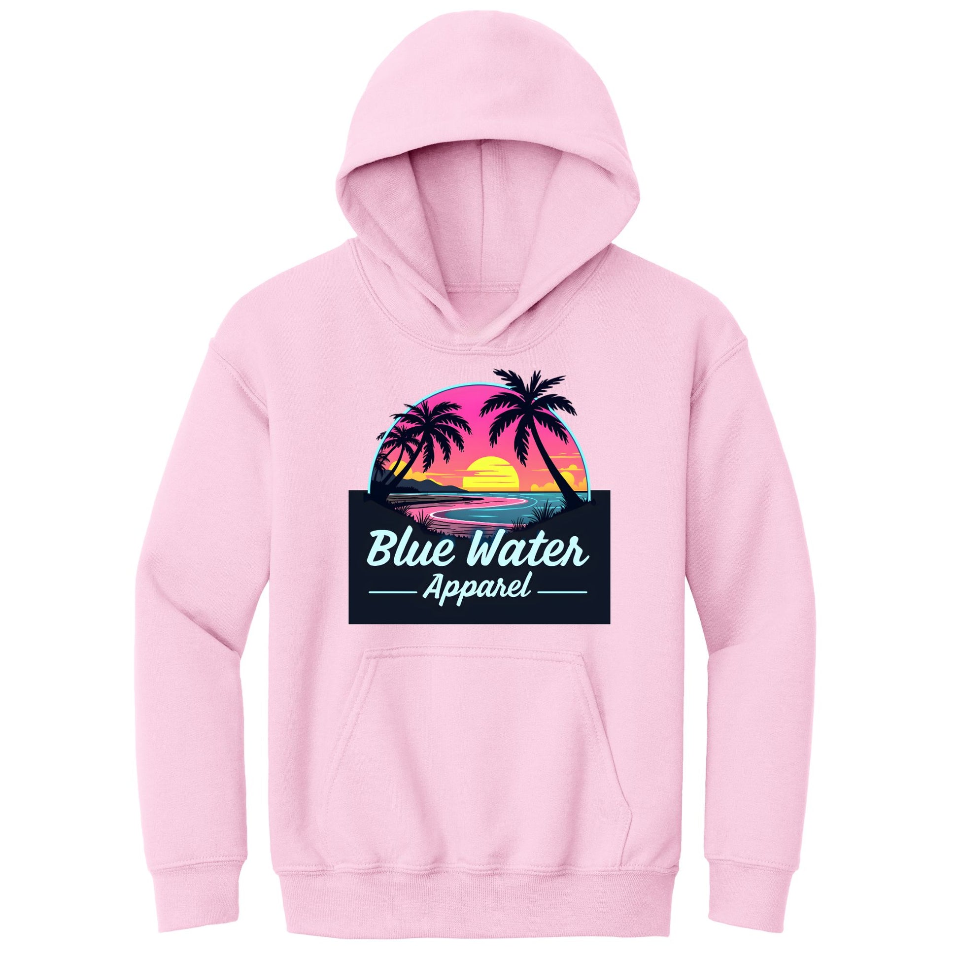 flat lay light pink neon sunset kids hoodie by blue water apparel