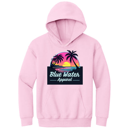 flat lay light pink neon sunset kids hoodie by blue water apparel