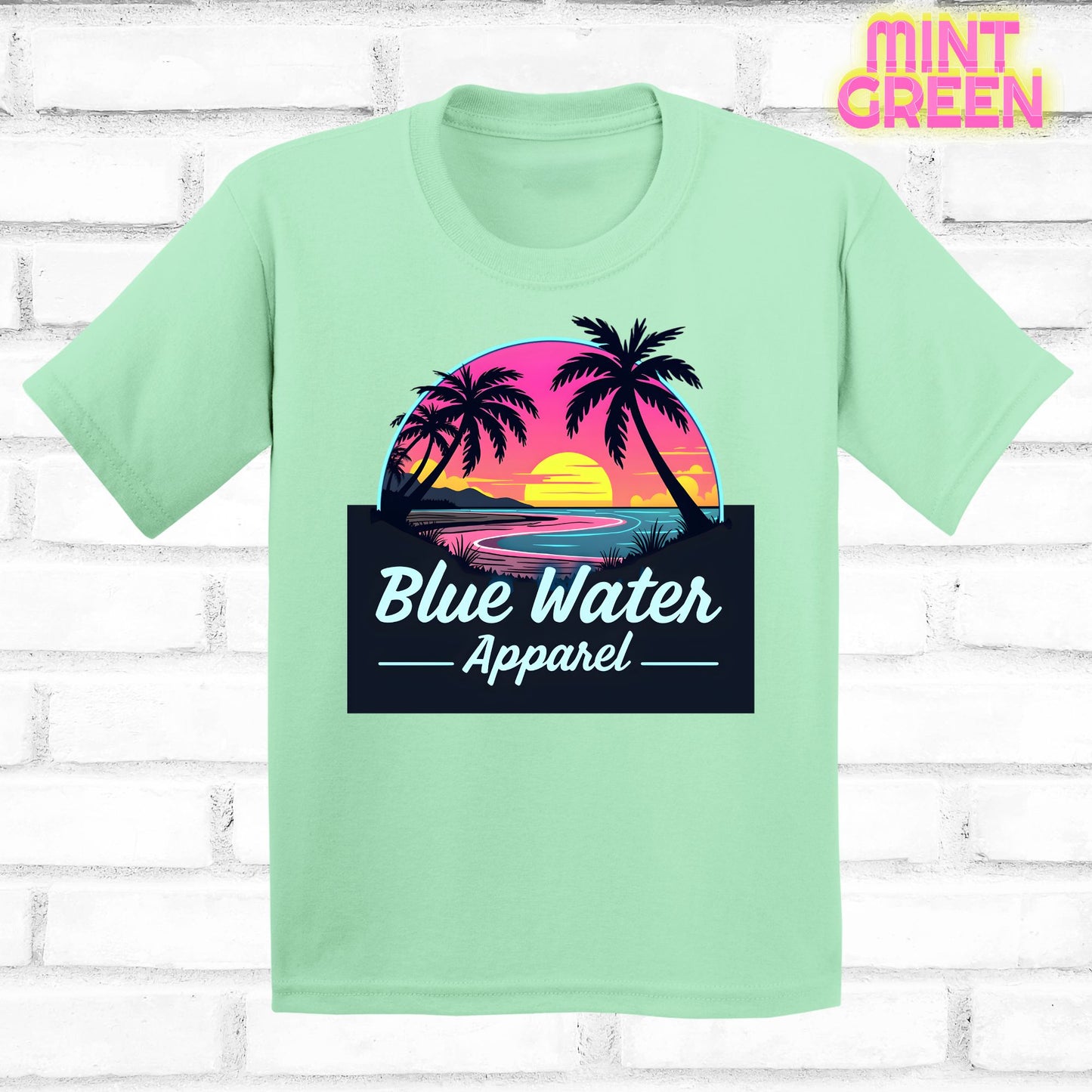flat lay mint green neon sunset tee by blue water apparel
