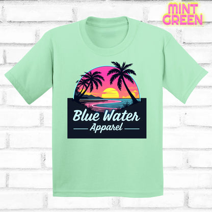 flat lay mint green neon sunset tee by blue water apparel