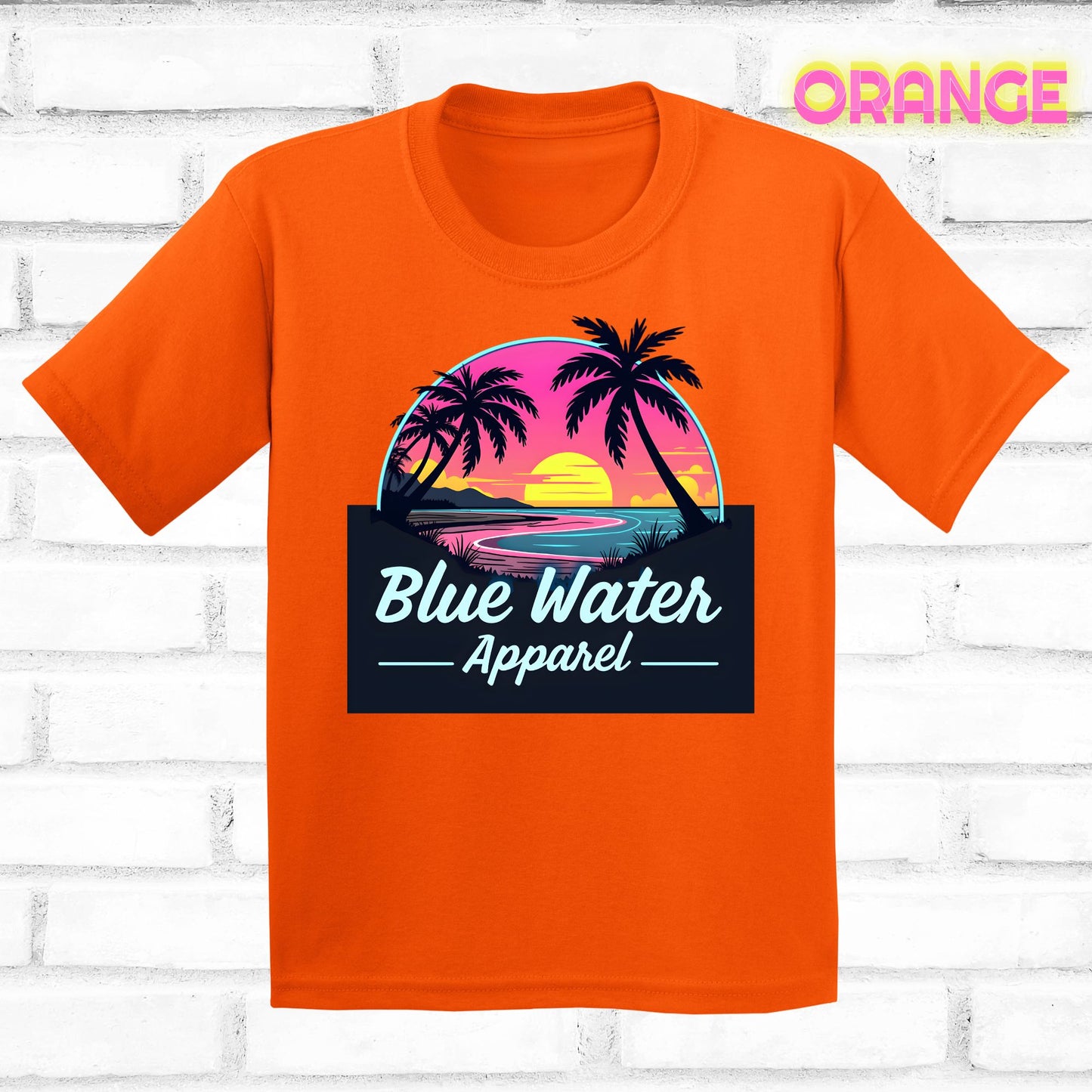 flat lay orange neon sunset tee by blue water apparel
