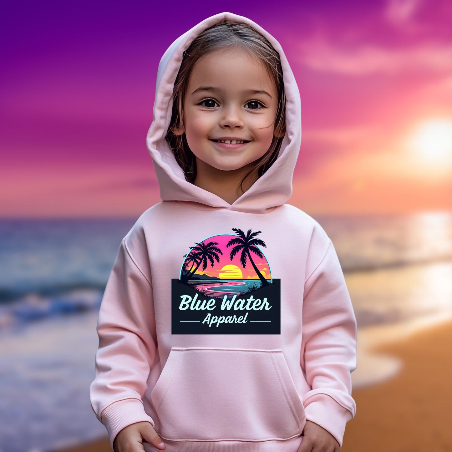 child on beach wearing light pink neon sunset kids hoodie by blue water apparel