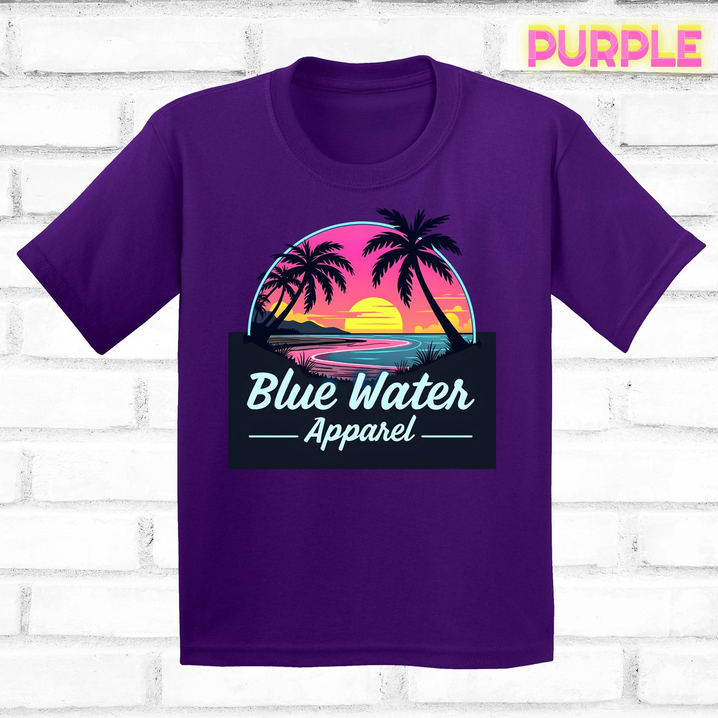 flat lay purple neon sunset tee by blue water apparel