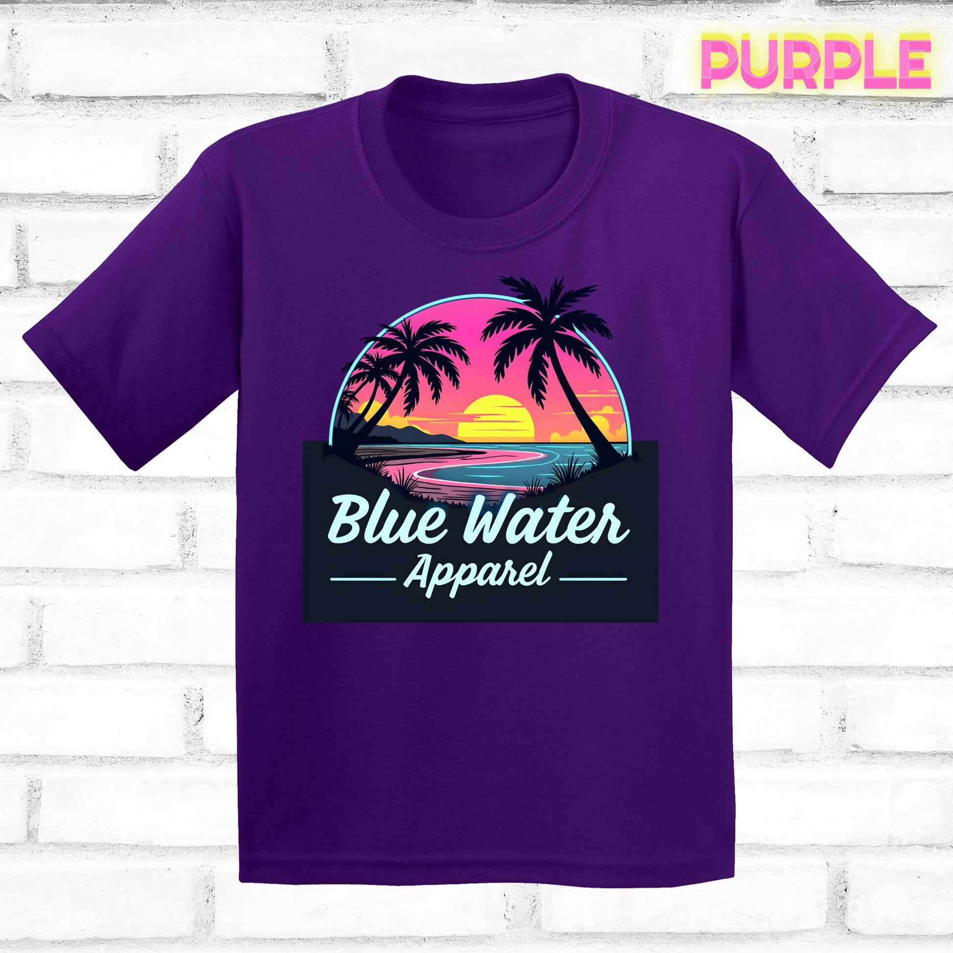 flat lay purple neon sunset tee by blue water apparel