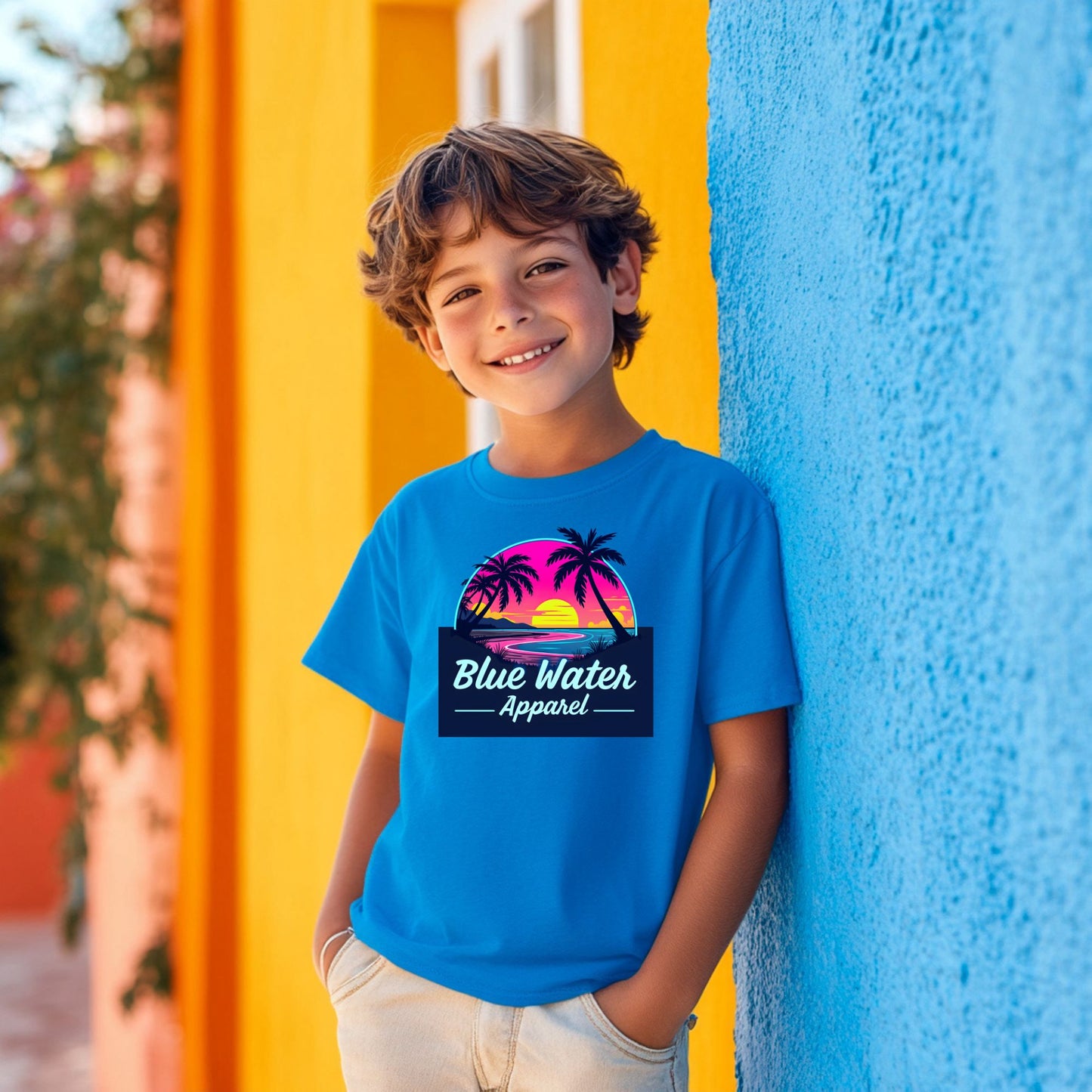 boy model wearing sapphire neon sunset tee by blue water apparel