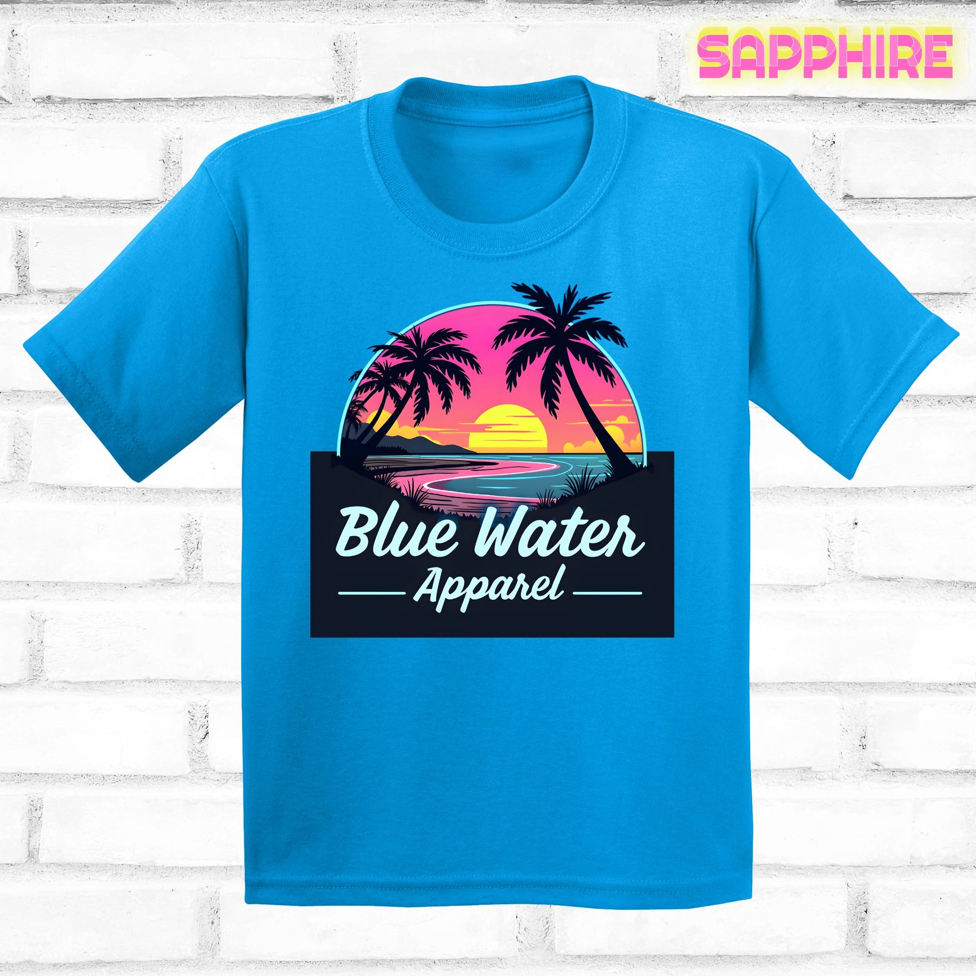 flat lay sapphire neon sunset tee by blue water apparel