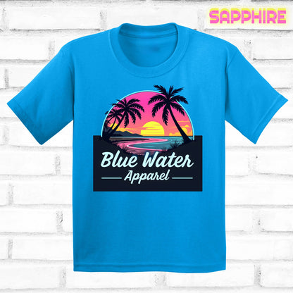 flat lay sapphire neon sunset tee by blue water apparel