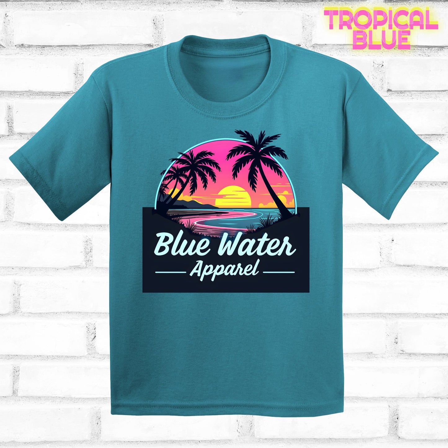 flat lay tropical blue neon sunset tee by blue water apparel