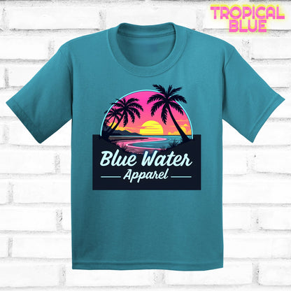 flat lay tropical blue neon sunset tee by blue water apparel