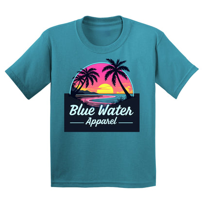 flat lay tropical blue neon sunset kids tee by blue water apparel