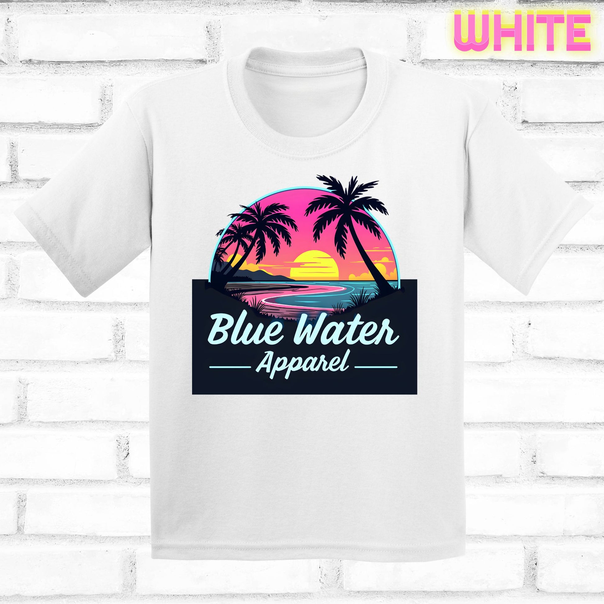 flat lay white neon sunset tee by blue water apparel