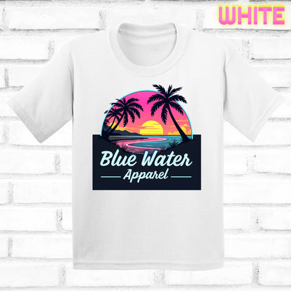flat lay white neon sunset tee by blue water apparel