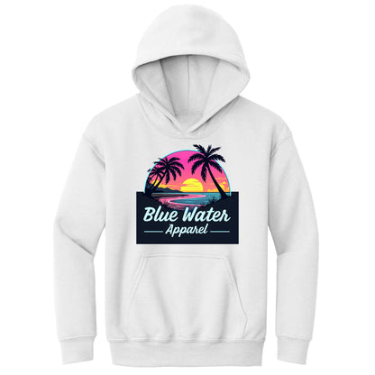 flat lay white neon sunset kids hoodie by blue water apparel